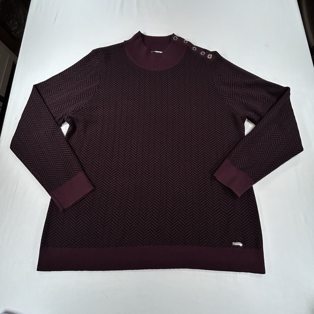 Calvin Klein Mock Neck XL Sweater Silver Buttons Chevron Burgundy Quiet Luxury